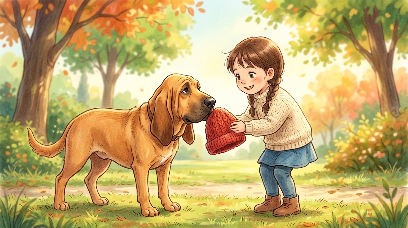 Ein Kind hält einem großen Hund eine Mütze zum Schnüffeln hin, im Hintergrund ein Park.