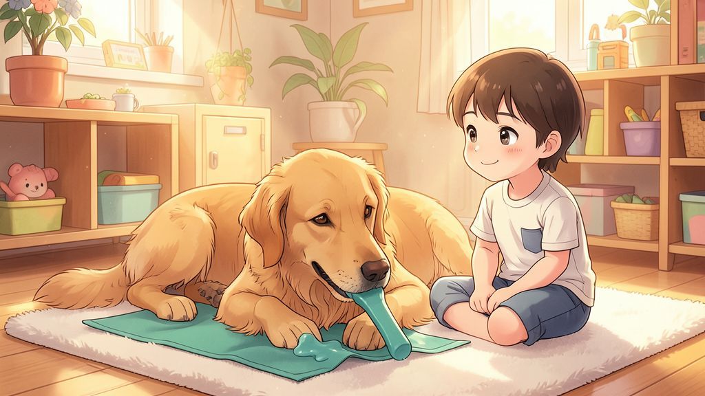 Ein glücklicher Golden Retriever schleckt an einer bunten Silikonmatte in einem sonnigen Kinderzimmer.