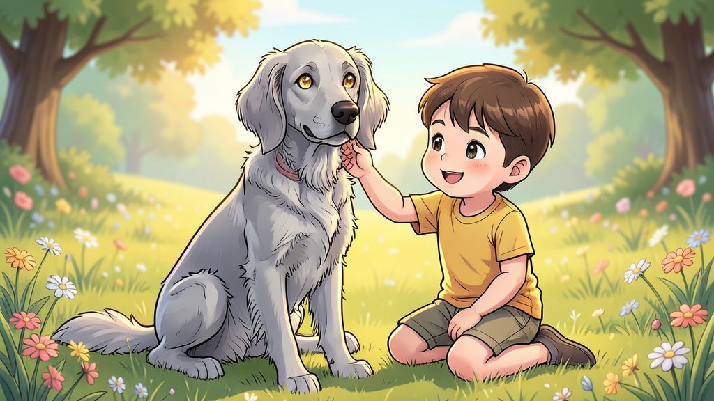 Ein silbergrauer Weimaraner Hund sitzt neben einem Kind auf einer sonnigen Wiese.