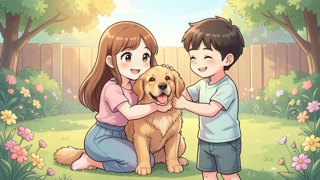 Ein lachendes Mädchen umarmt ihren Hund, während ihr bester Freund daneben steht und den Hund freundlich am Kopf streichelt.