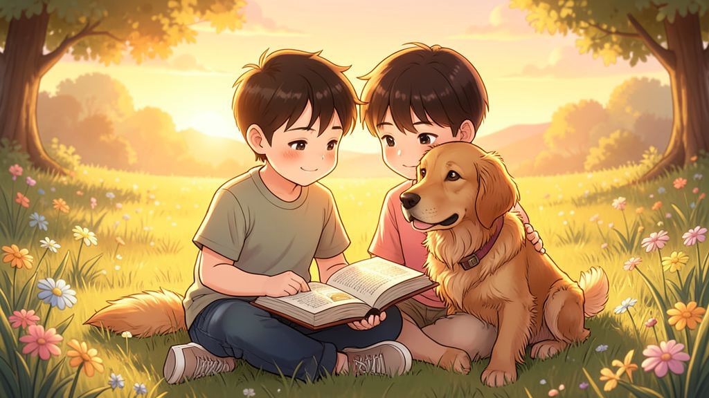 Ein Kind und ein freundlicher Golden Retriever sitzen glücklich auf einer sonnigen Wiese und lesen ein Buch.