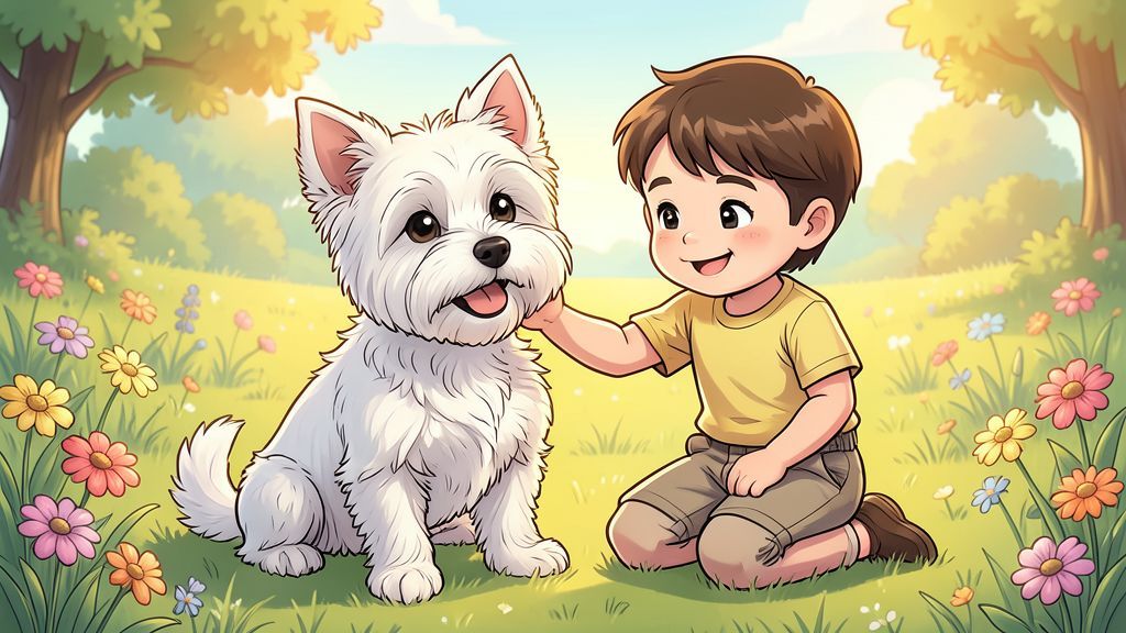 Ein fröhlicher weißer West Highland White Terrier sitzt neben einem lachenden Kind auf einer bunten Blumenwiese.