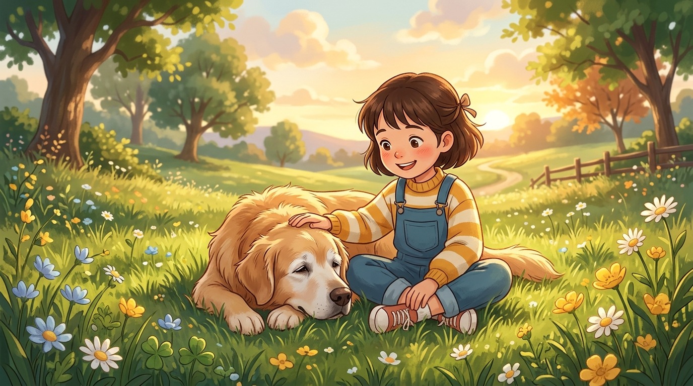 Ein Kind und ein älterer Hund sitzen glücklich zusammen auf einer Wiese im warmen Sonnenlicht.