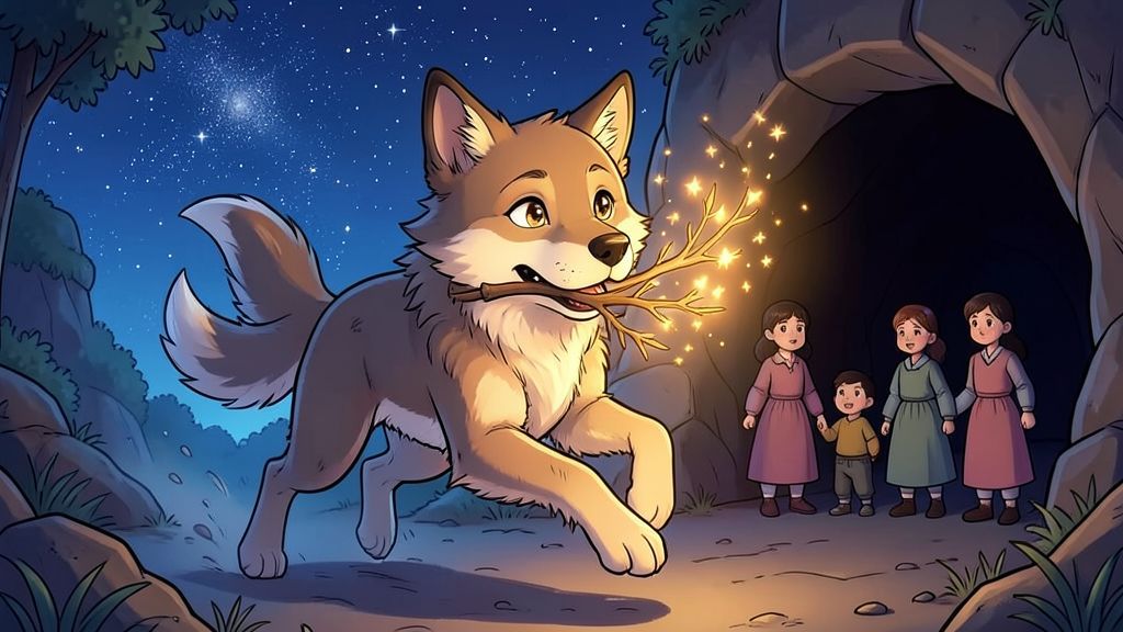 Ein mutiger, goldbrauner Hund trägt einen leuchtenden, brennenden Ast durch die Nacht zu einer Gruppe von Menschen.