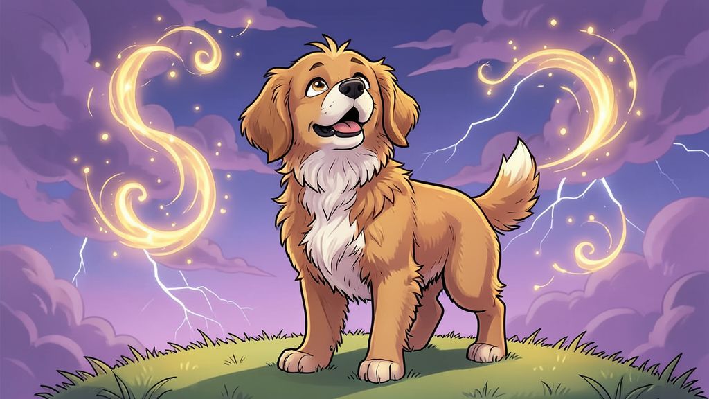 Ein mutiger, wuscheliger Hund steht auf einem Hügel vor einem aufziehenden Sturm und blickt zu magischen Naturgeistern am Himmel auf.