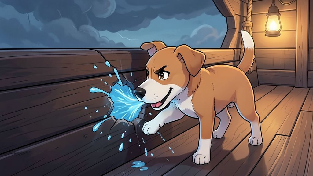 Ein tapferer Hund auf einem Holzschiff, der seine Nase mutig in ein kleines Loch in der Schiffswand steckt, um das Wasser zu stoppen.