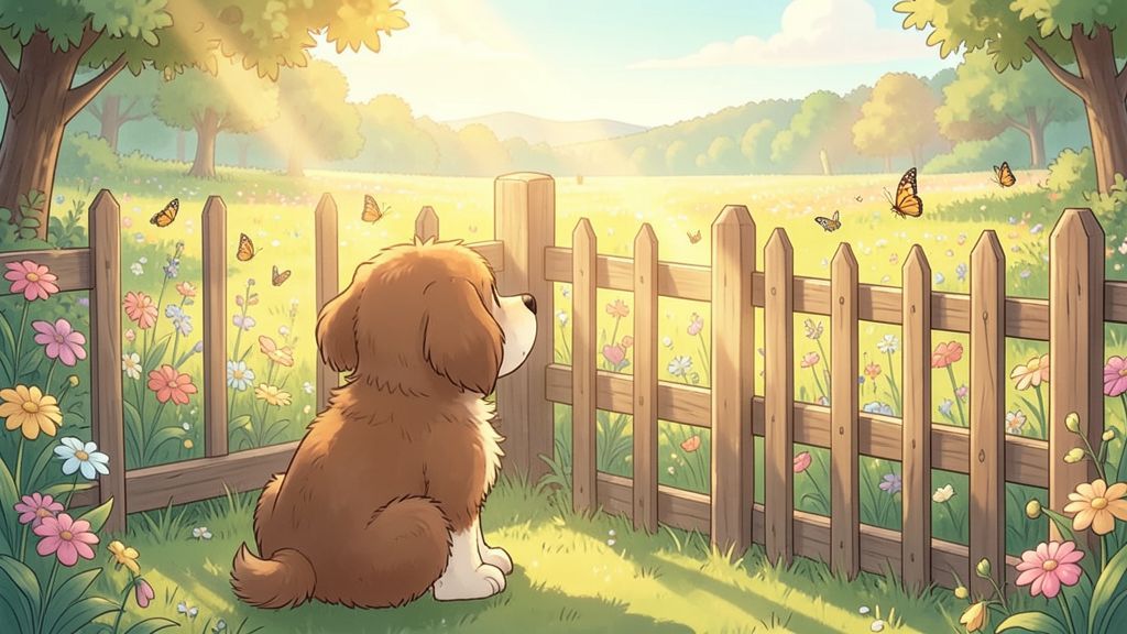 Ein kleiner, niedlicher Hund schaut sehnsüchtig durch einen Gartenzaun auf eine bunte Sommerwiese.