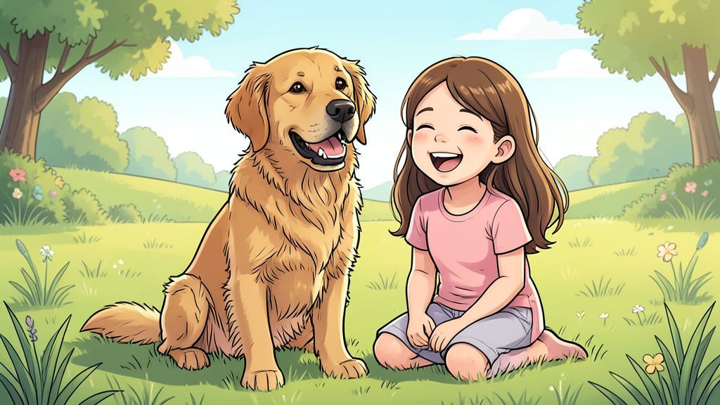 Ein lächelnder Golden Retriever sitzt auf einer Wiese und zeigt seine weißen Zähne während ein Kind ihn streichelt.