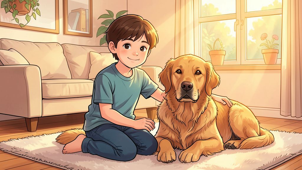 Ein Kind kniet ruhig neben einem hellen Golden Retriever und streichelt ihn sanft an der Seite.