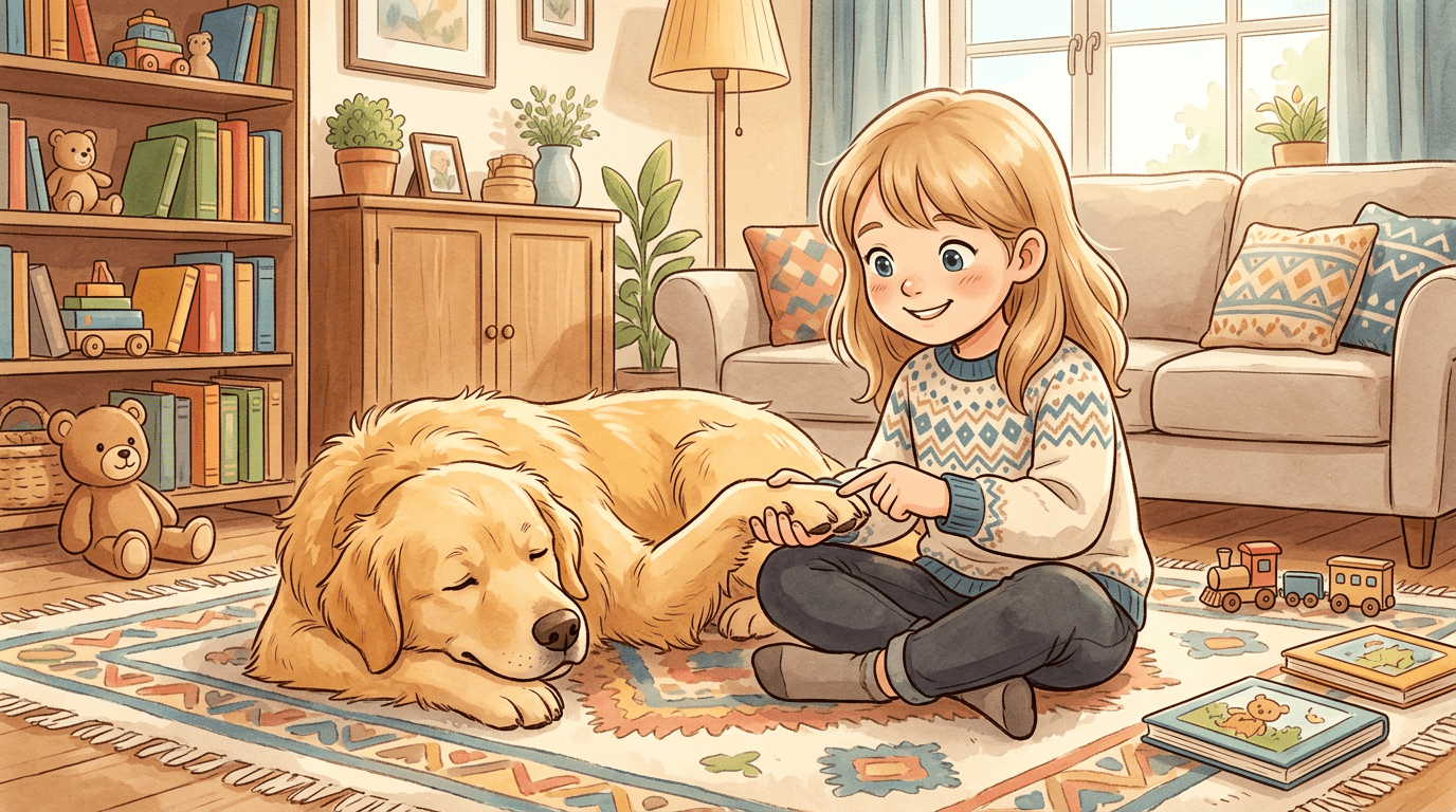 Ein Kind untersucht neugierig und vorsichtig die Hinterpfote eines Hundes, um die Wolfskralle zu finden.