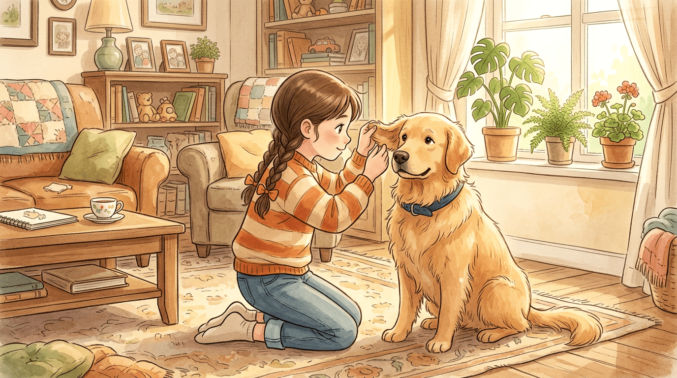 Ein junges Mädchen betrachtet besorgt das Ohr eines Golden Retrievers, der den Kopf schief hält.