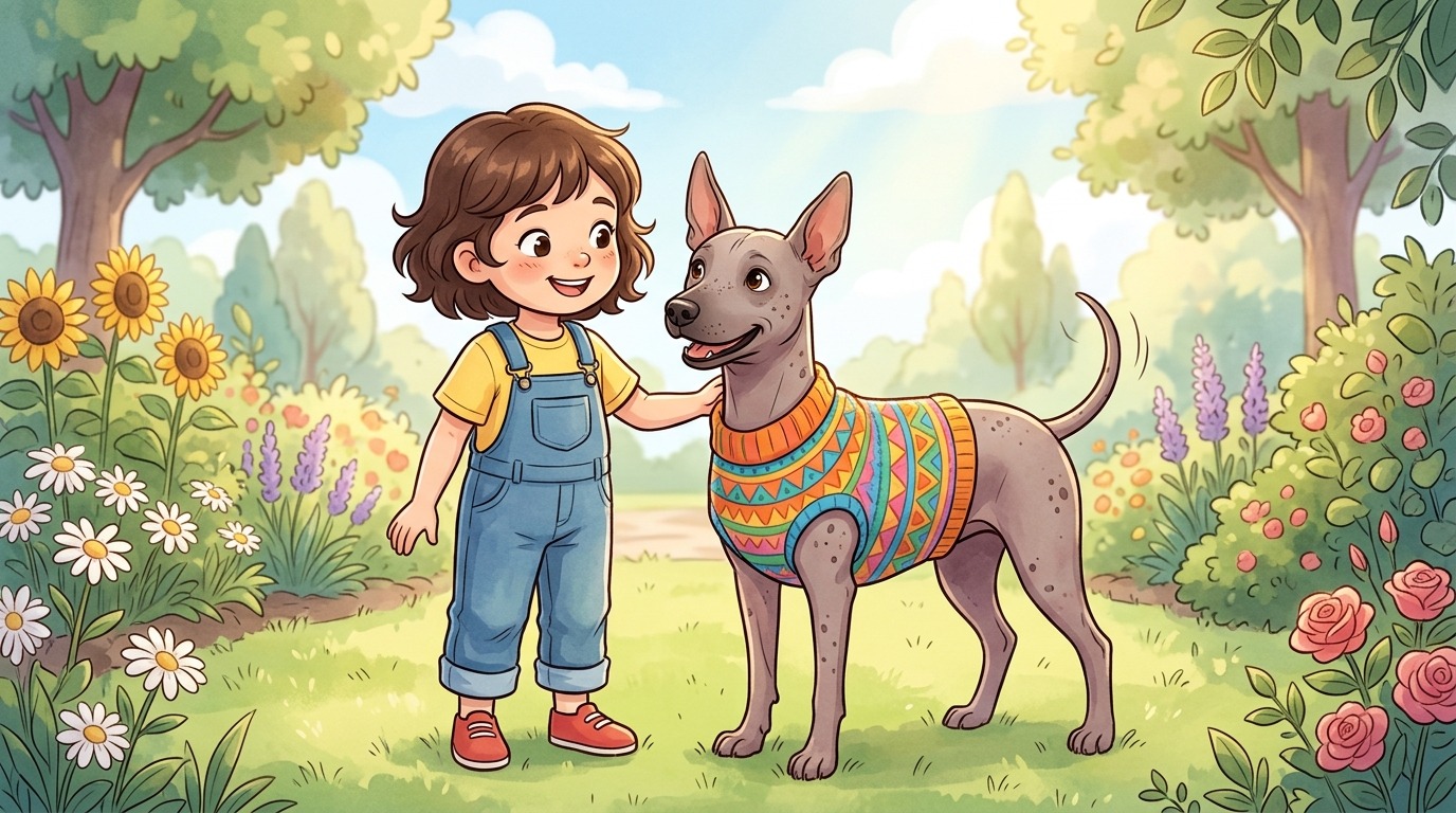 Ein freundlicher, nackter Xoloitzcuintle-Hund mit einem bunten Hundepullover neben einem lachenden Kind.