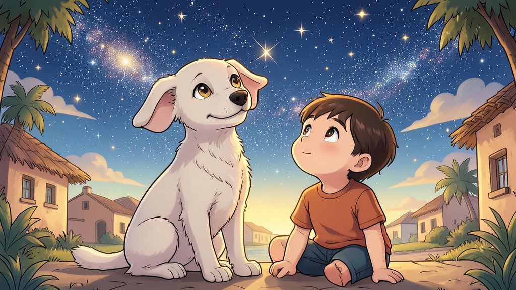 Ein freundlicher, haarloser Xoloitzcuintle Hund sitzt neben einem Kind unter einem magisch leuchtenden Sternenhimmel.