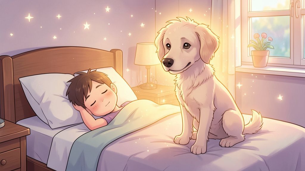 Ein freundlicher Xoloitzcuintle Hund sitzt nachts an einem Kinderbett und wacht als leuchtender Wegweiser der Träume