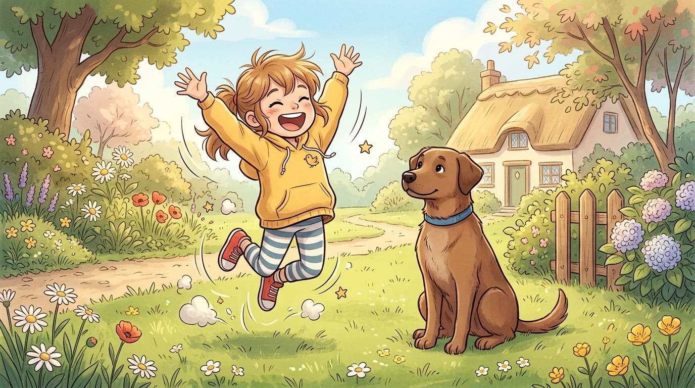 Ein lachendes Kind hüpft fröhlich um einen aufmerksam sitzenden Golden Retriever herum, der wie eine Statue ruhig bleibt.