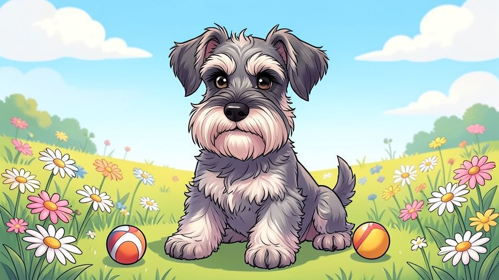 Ein niedlicher Zwergschnauzer mit grauem Fell, Bart und buschigen Augenbrauen sitzt freundlich hechelnd auf einer Blumenwiese.