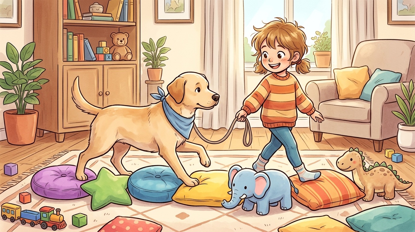 Ein Kind führt einen Hund konzentriert über eine Reihe von bunten Kissen und Kuscheltieren im Wohnzimmer.