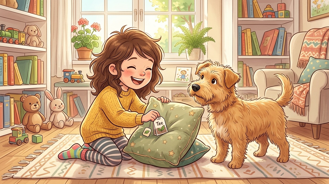 Ein glückliches Kind versteckt einen Teebeutel hinter einem Kissen, während ein Hund neugierig schnuppert.
