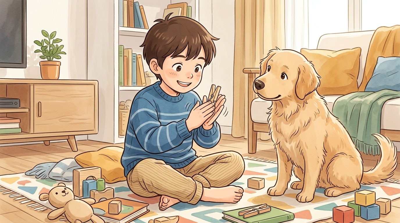 Ein fröhliches Kind reibt eine hölzerne Wäscheklammer zwischen den Händen, während ein aufmerksamer Hund freudig wartet.