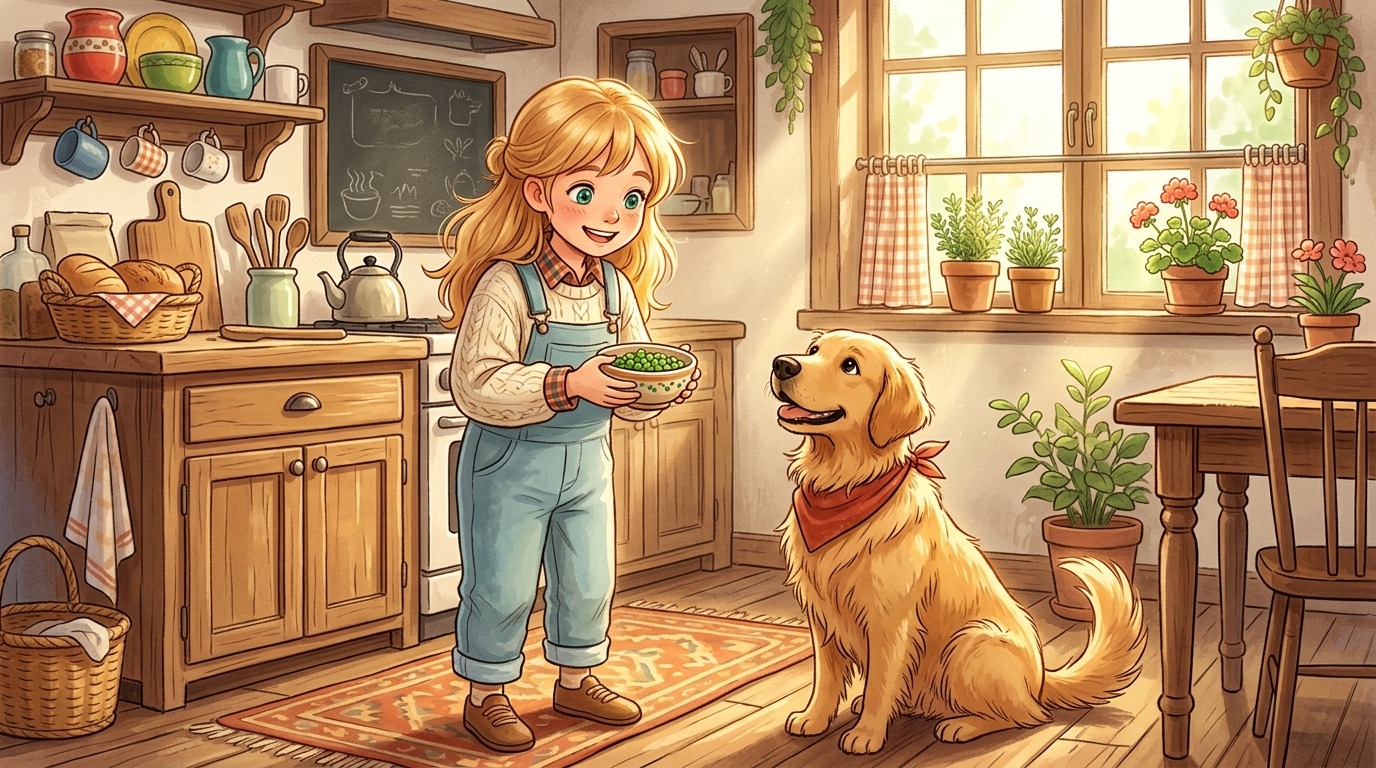 Ein glückliches Kind in einer hellen Küche füttert einen Golden Retriever vorsichtig mit einer Erbse.