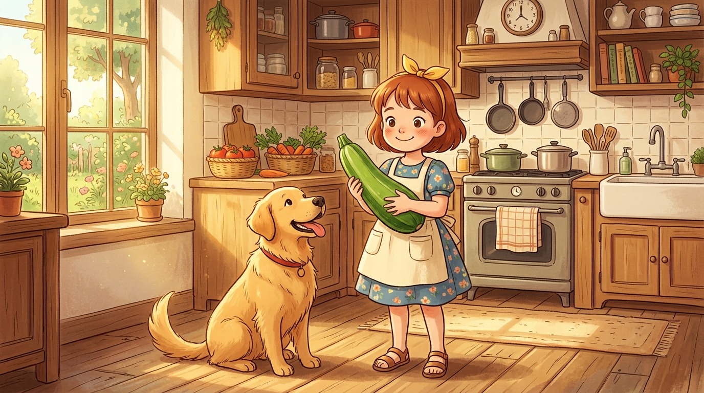 Ein fröhlicher Golden Retriever sitzt neugierig neben einem Kind in einer hellen Küche und betrachtet eine frische Zucchini.