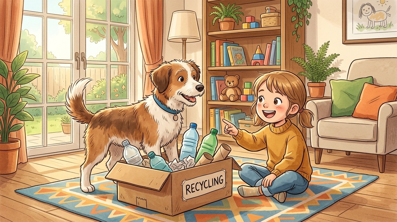 Ein fröhliches Kind und sein Hund spielen gemeinsam mit der Geräusche-Box in einem gemütlichen Zimmer.