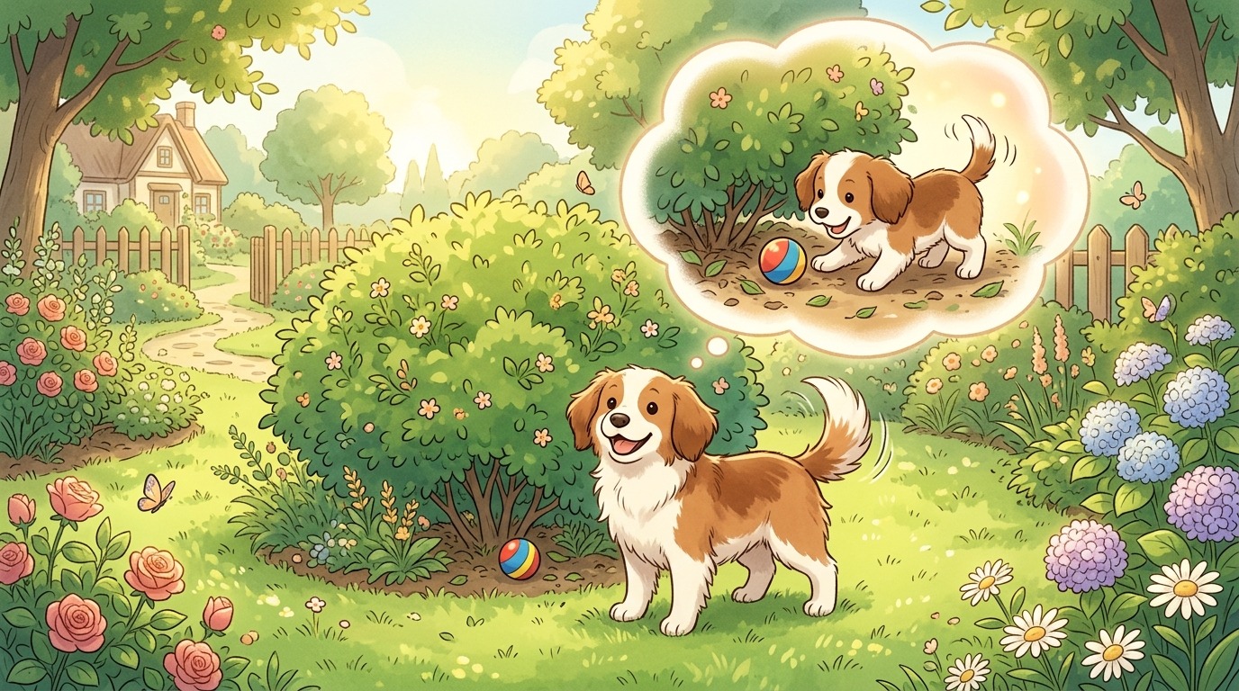 Ein glücklicher Hund im Garten, der sich durch eine Gedankenblase an einen versteckten Ball erinnert.