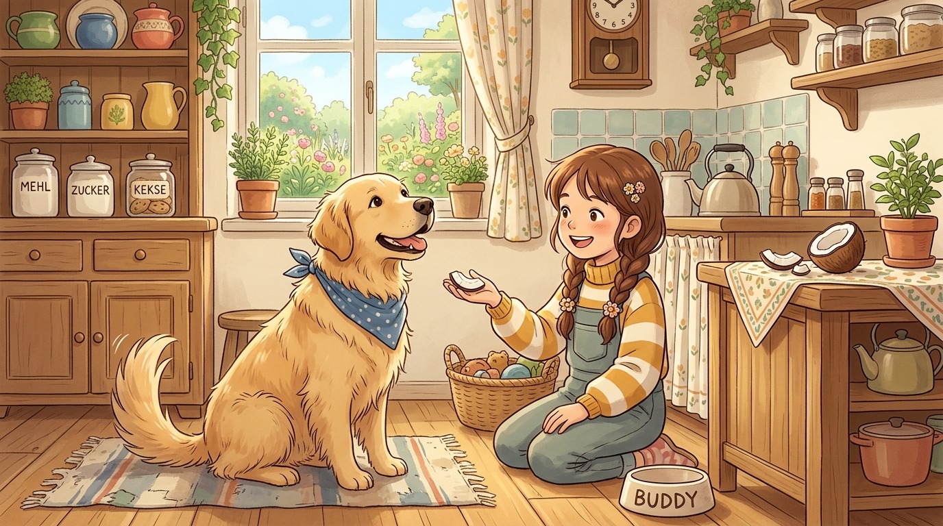 Ein glücklicher Golden Retriever sitzt neben einem Kind in einer hellen Küche und schaut erwartungsvoll auf ein Stück Kokosnuss.