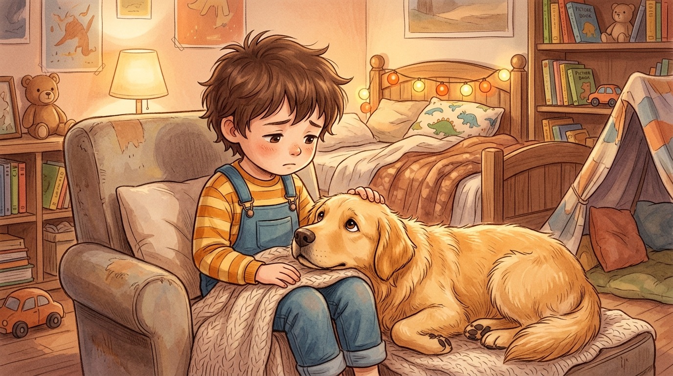 Ein Golden Retriever tröstet ein trauriges Kind in einem gemütlichen Kinderzimmer.