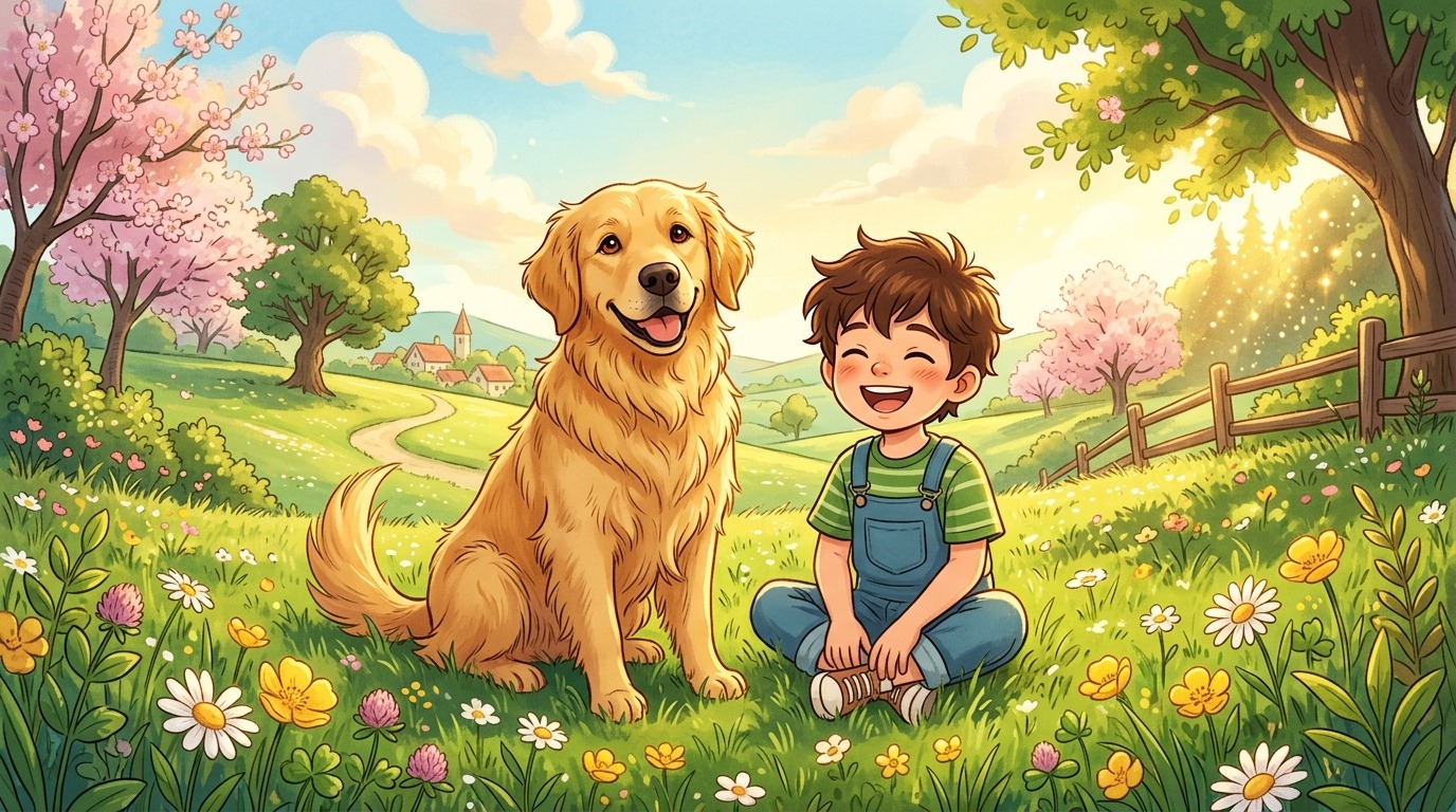 Ein glücklicher Golden Retriever mit entspannten Mundwinkeln sitzt neben einem Kind auf einer Wiese.