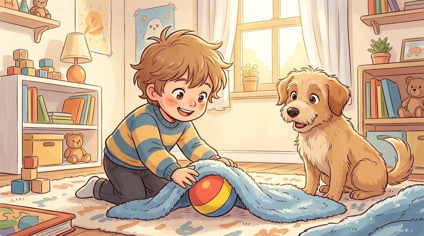 Ein aufmerksamer Hund beobachtet ein Kind, das einen Ball unter einer Decke versteckt.