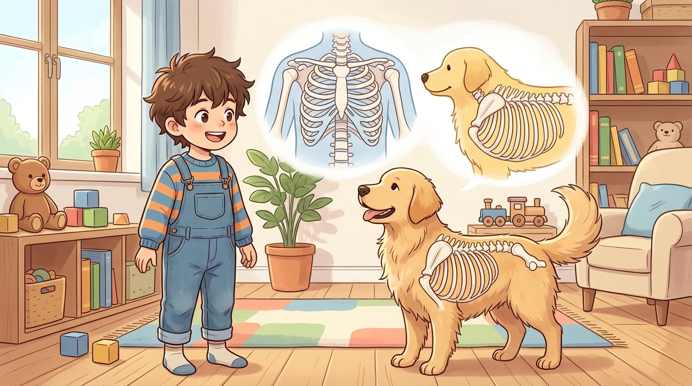 Illustration eines fröhlichen Hundes und eines Kindes, die spielerisch die Anzahl ihrer Rippen vergleichen.