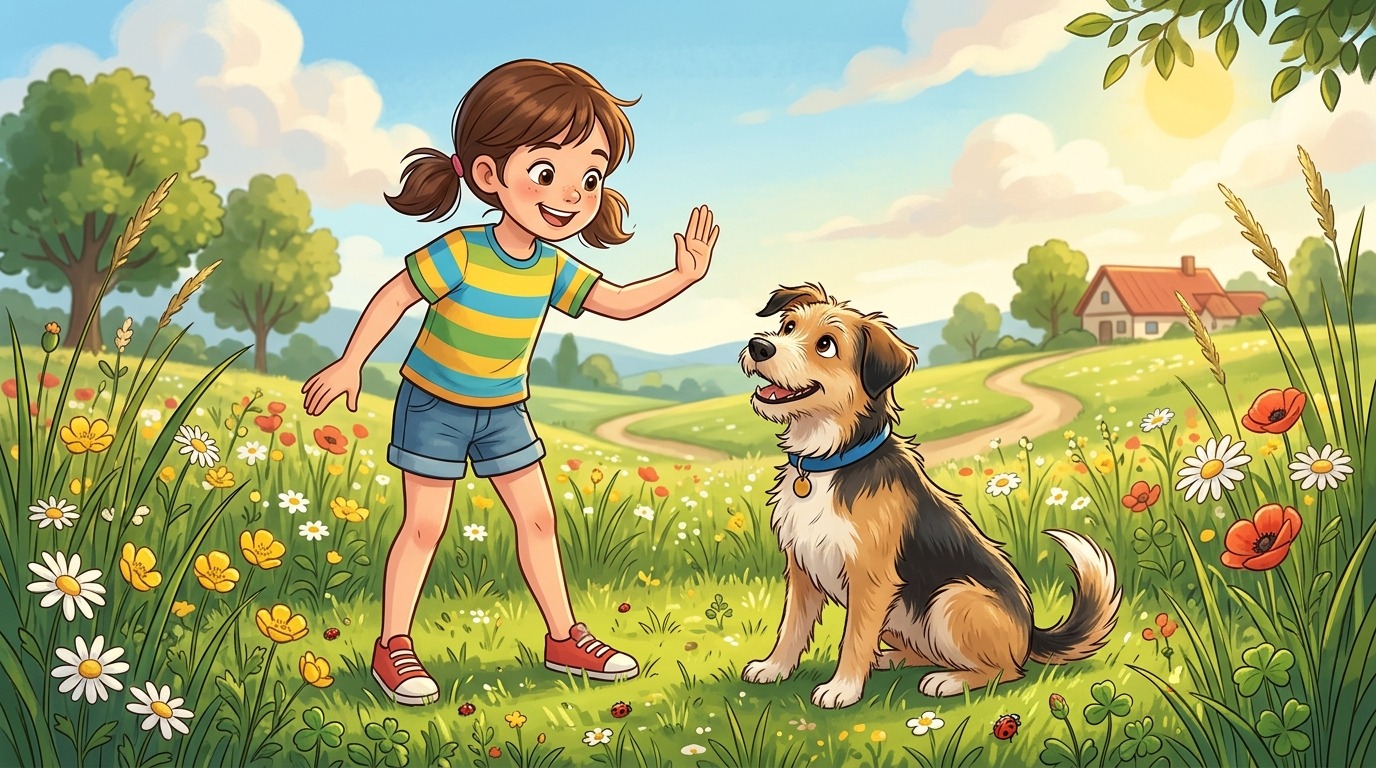 Ein fröhliches Kind gibt einem aufmerksamen Hund verschiedene Handzeichen beim Kommando-Wirbel Spiel im Garten.