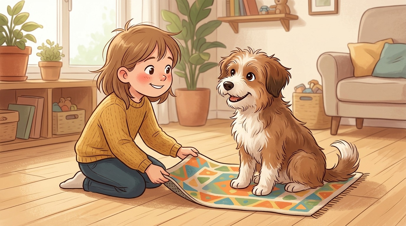 Ein Kind kniet auf dem Boden und zieht behutsam eine Matte, auf der ein fröhlicher Hund sitzt.
