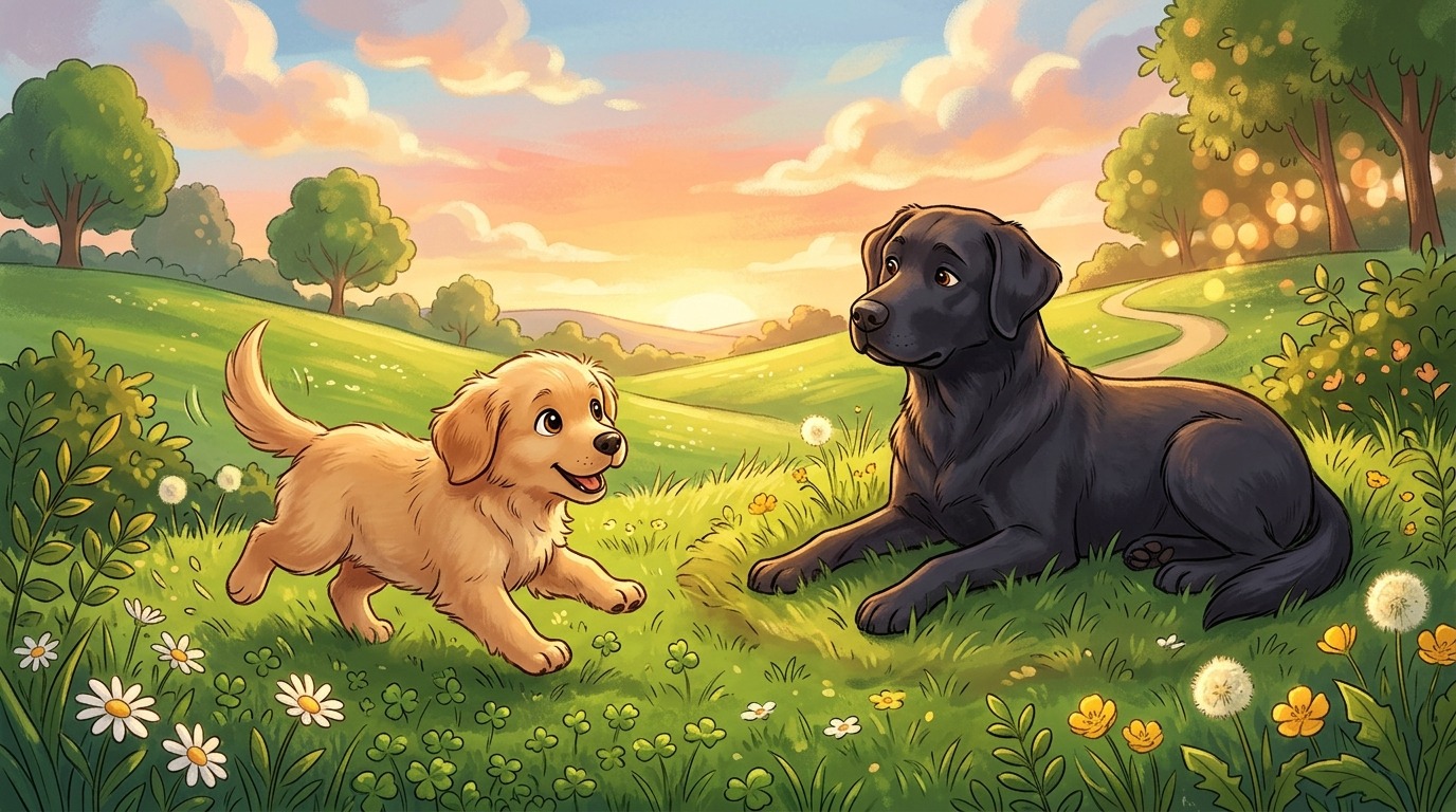 Ein neugieriger Golden Retriever Welpe nähert sich vorsichtig einem liegenden, älteren Labrador auf einer sonnigen Wiese.