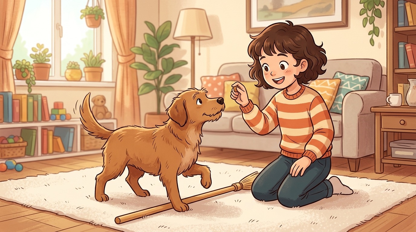 Ein Kind führt einen Hund mit einem Leckerli vorsichtig über einen Besenstiel am Boden.