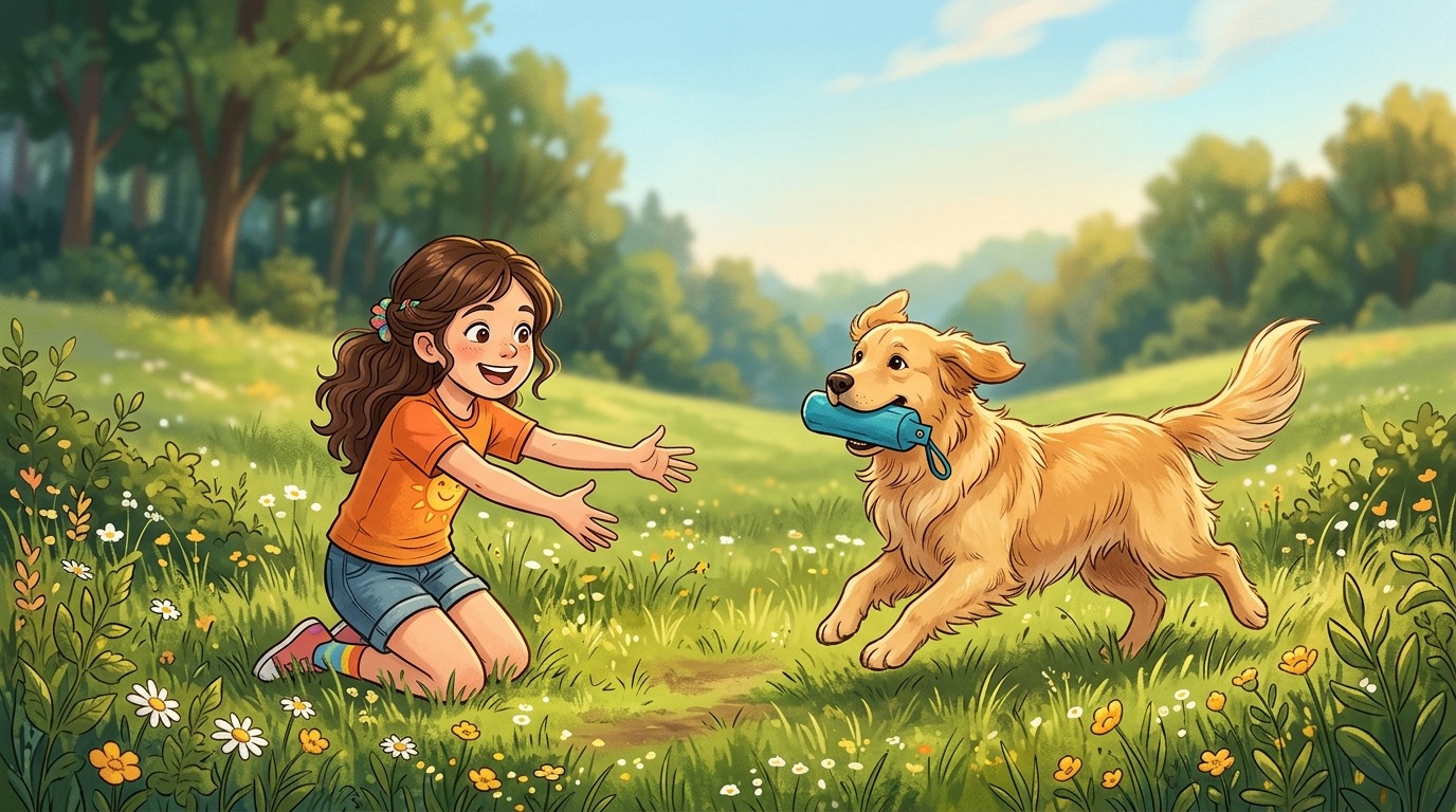 Ein fröhlicher Golden Retriever bringt einem lachenden Mädchen auf einer Sommerwiese einen Ball zurück.