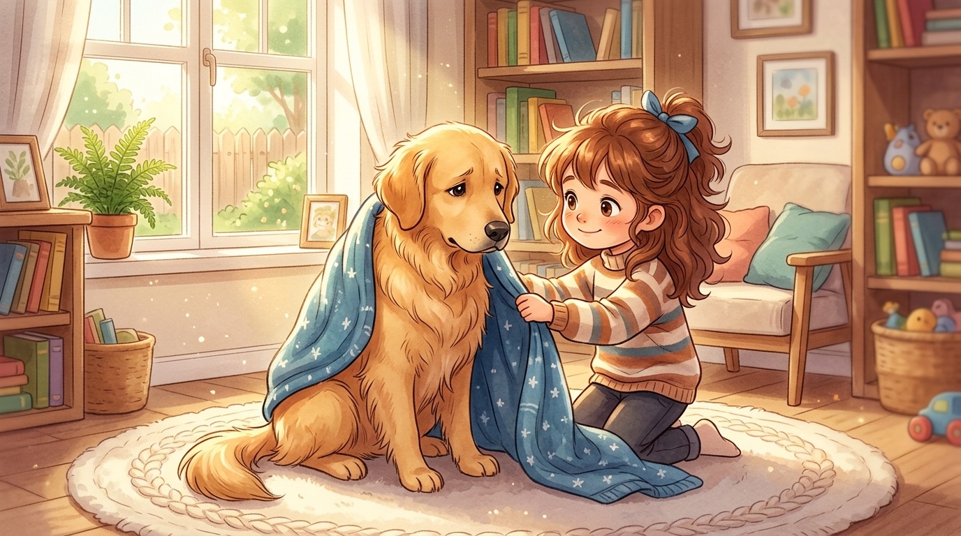 Ein Kind tröstet einen Golden Retriever mit einer warmen Decke in einem gemütlichen Wohnzimmer.