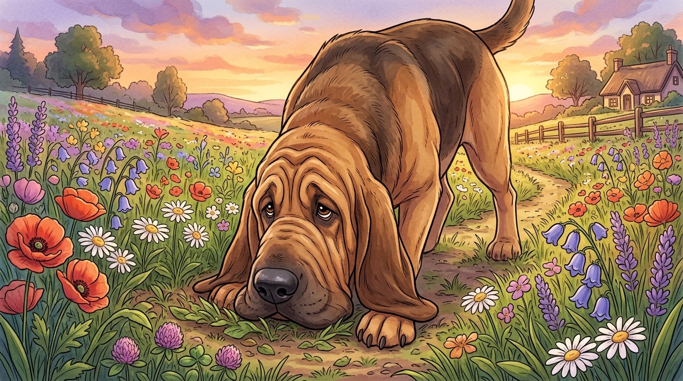 Illustration eines Bloodhound-Hundes, der mit der Nase am Boden schnüffelt, wobei seine Hautfalten einen Trichter bilden.
