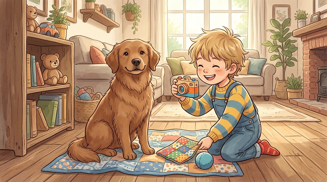 Ein Kind arrangiert vorsichtig bunte Spielzeuge um einen sitzenden, lächelnden Hund für ein Foto-Shooting.