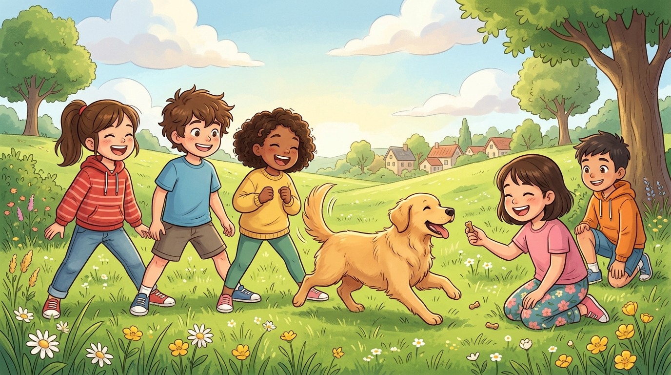 Drei fröhliche Kinder bilden mit ihren Beinen einen Tunnel, durch den ein glücklicher Hund auf einer Wiese läuft.