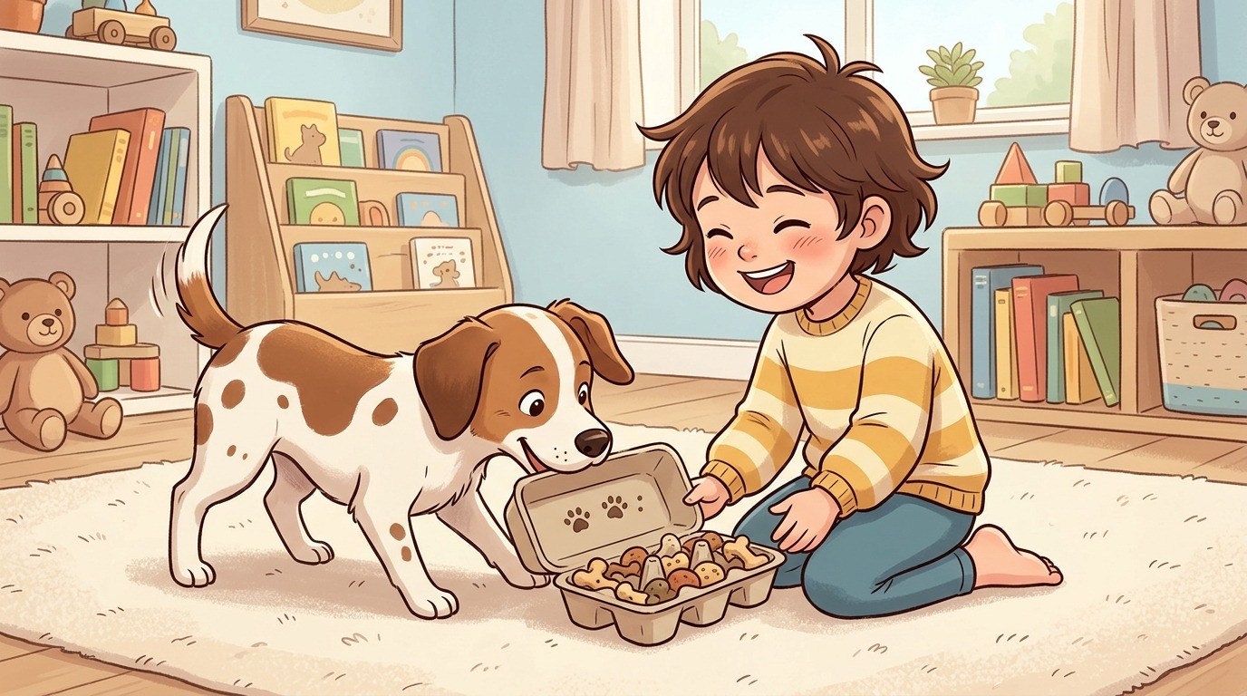 Ein glückliches Kind schaut zu, wie sein Hund mit der Nase neugierig einen Eierkarton öffnet, um Leckerlis zu finden.