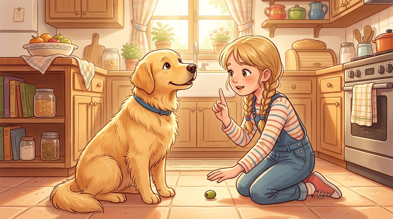 Ein Kind in der Küche erklärt seinem Golden Retriever, warum er keine Oliven essen darf.