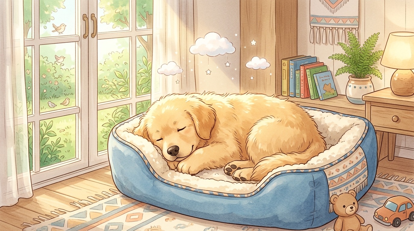 Ein flauschiger Hund schläft friedlich in einem blauen Körbchen in einem sonnigen Zimmer.