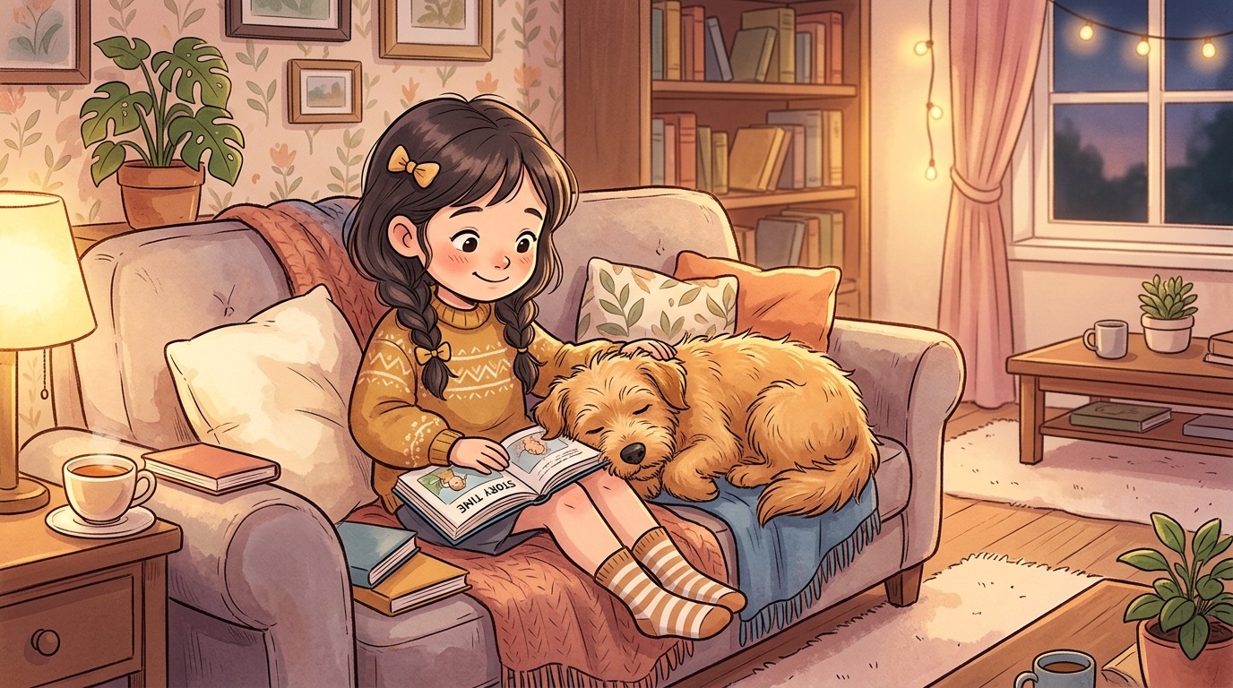 Eine gemütliche Illustration eines schlafenden Hundes, der sich vertrauensvoll an ein Kind auf einem Sofa kuschelt.