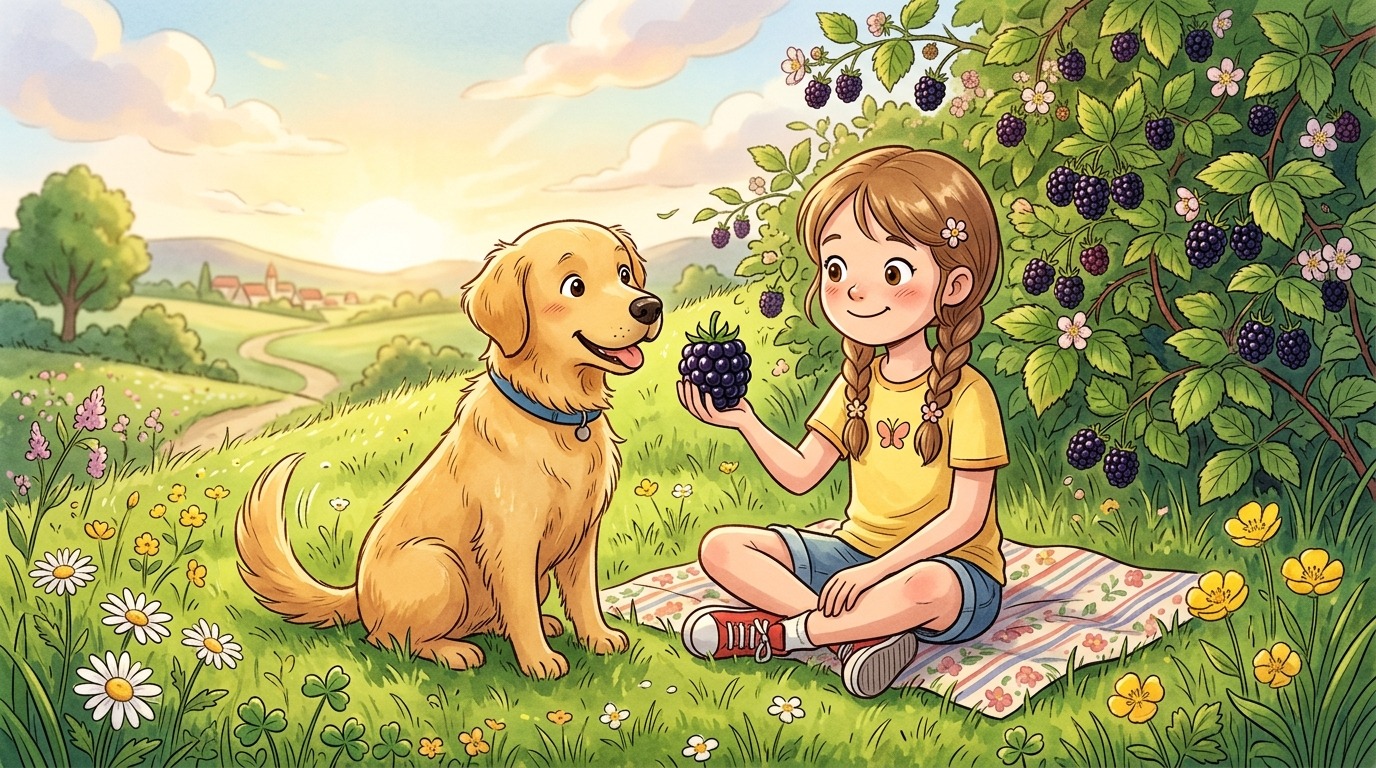 Ein Kind reicht einem fröhlichen Golden Retriever eine frische Brombeere in einem sommerlichen Garten.