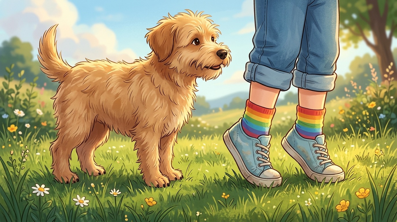 Eine kindgerechte Illustration eines Hundes, der im Profil steht und deutlich sichtbar nur mit den Zehenspitzen den Boden berührt.