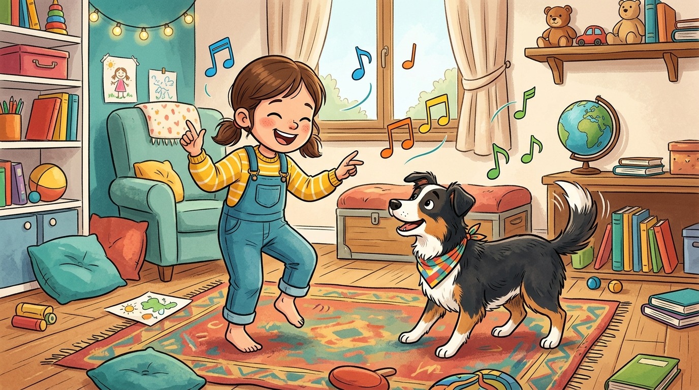 Ein lachendes Kind und ein fröhlicher Hund tanzen gemeinsam im Wohnzimmer bei der Kommando-Disco, während Musiknoten in der Luft schweben.