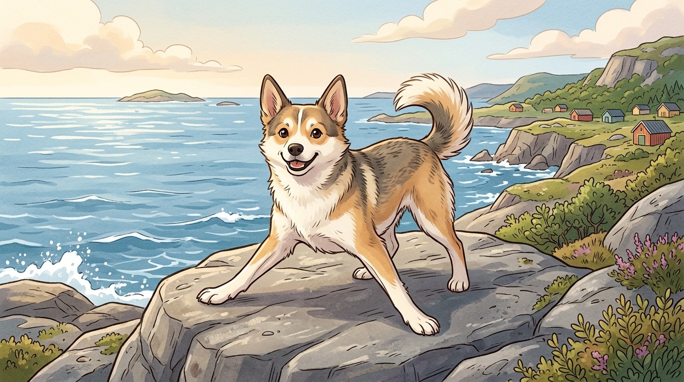 Ein niedlicher Norwegischer Lundehund in einer felsigen Küstenlandschaft, der seine Vorderbeine flach zur Seite spreizt.