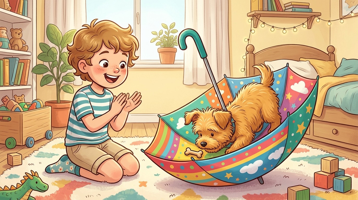 Ein glückliches Kind und ein neugieriger Hund spielen gemeinsam die Schirm-Mutprobe im Wohnzimmer.